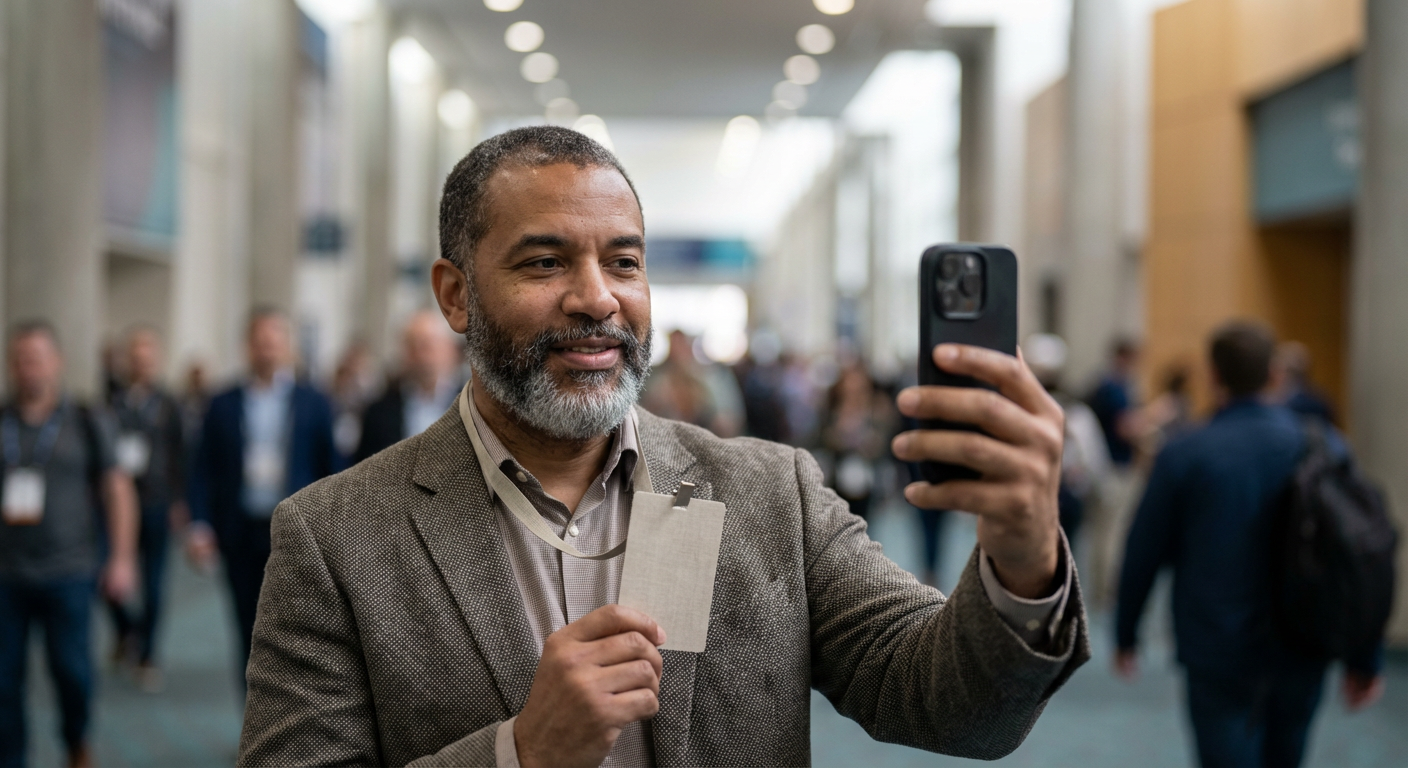 Conference attendee in a convention center holding up their lanyard badge to their smartphone camera
