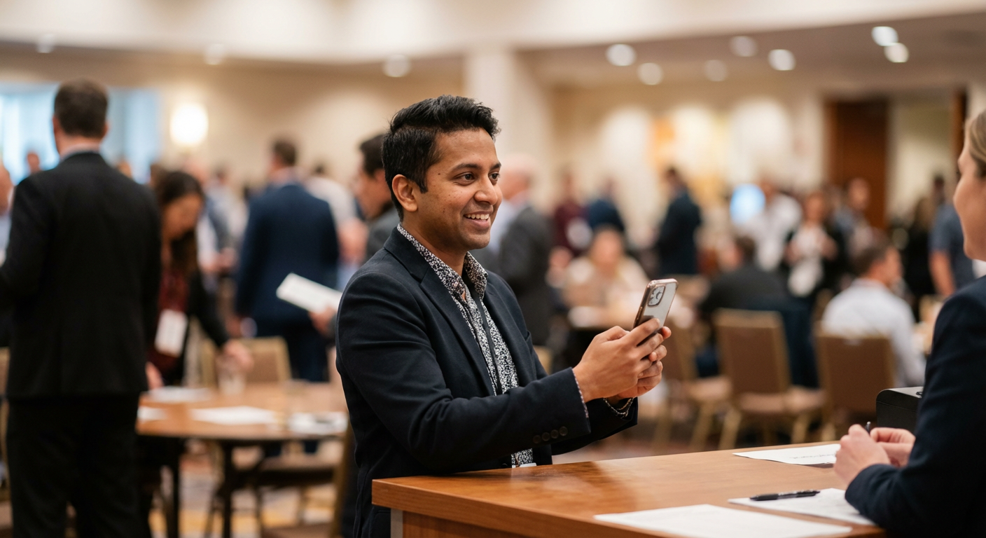 Conference attendee scanning a QR code at a registration desk with blurred crowd in the background