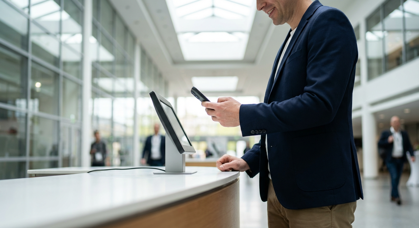 Conference attendee standing at a self check-in kiosk in a well-lit lobby, holding their phone near a small freestanding counter