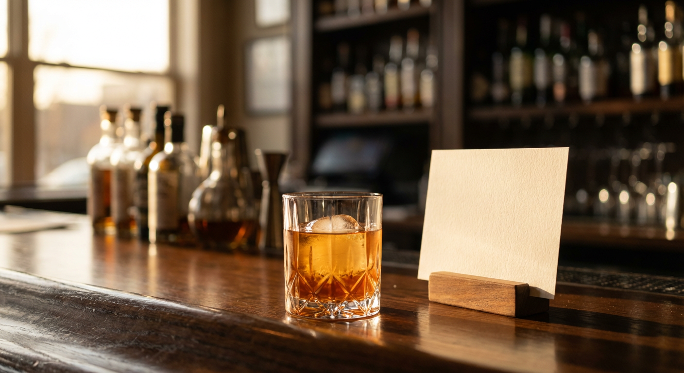 Bar counter with a cocktail glass in soft late afternoon light and a small freestanding card standing upright beside it