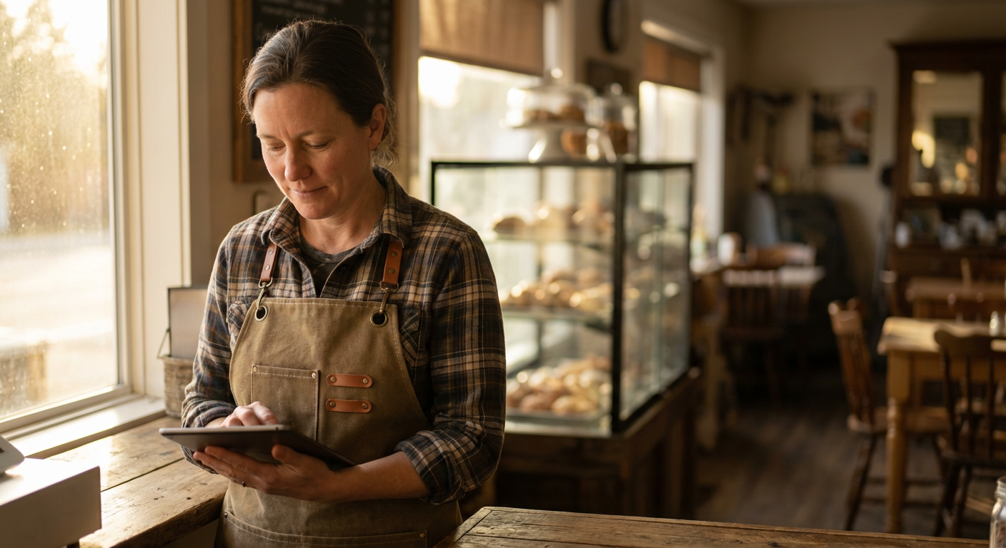 Café owner standing behind a wooden counter checking a tablet during morning service with warm morning light streaming in