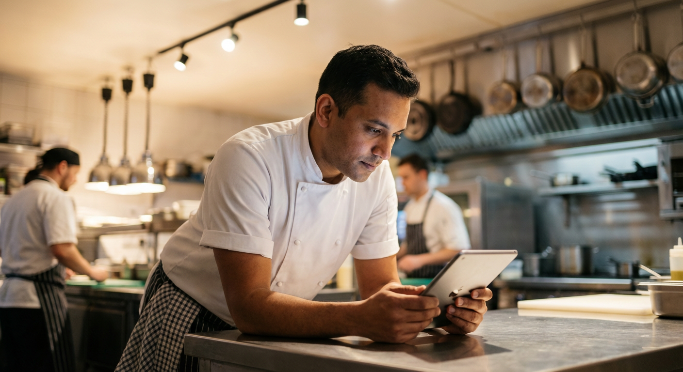 Chef in white uniform editing a menu on a tablet in a bright open kitchen with stainless steel prep stations softly blurred behind