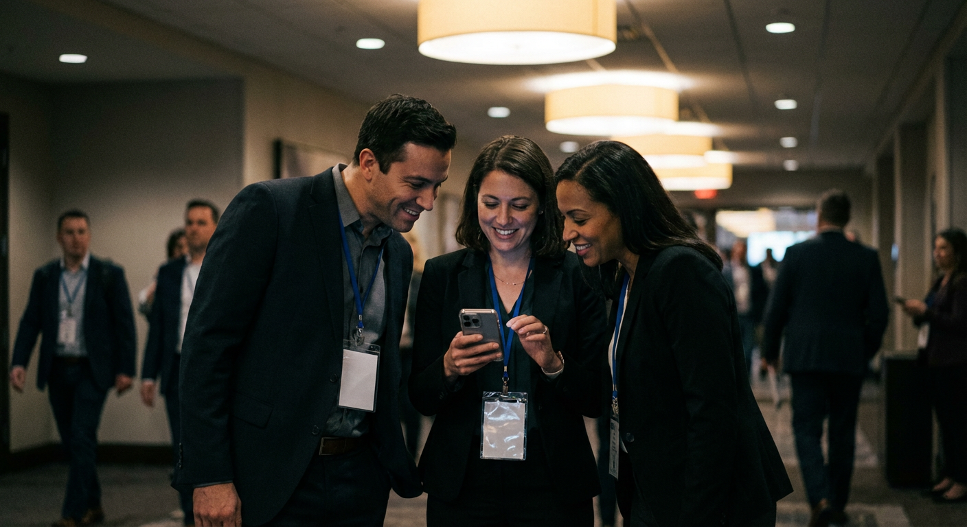 Conference attendees in business casual attire holding their badges up toward a phone while networking in a lit venue hallway
