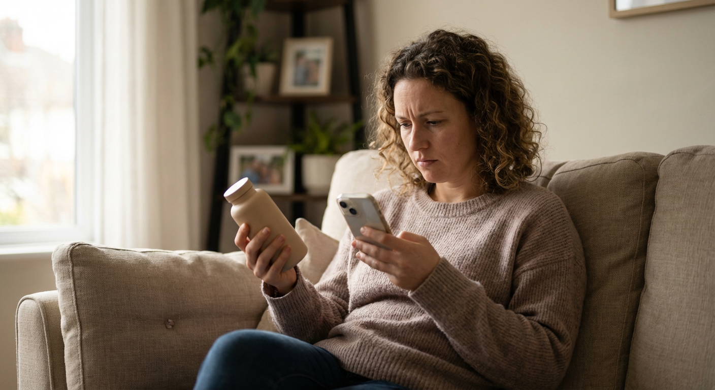 Customer sitting on a couch holding a product in one hand and their phone in the other while writing a review in warm natural light