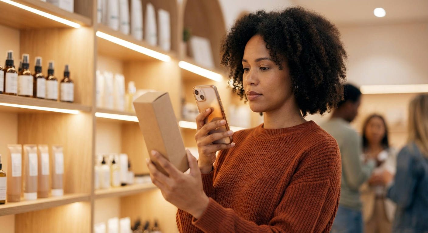 Customer in a cosmetics store holding a skincare product box up close to their phone in soft retail lighting