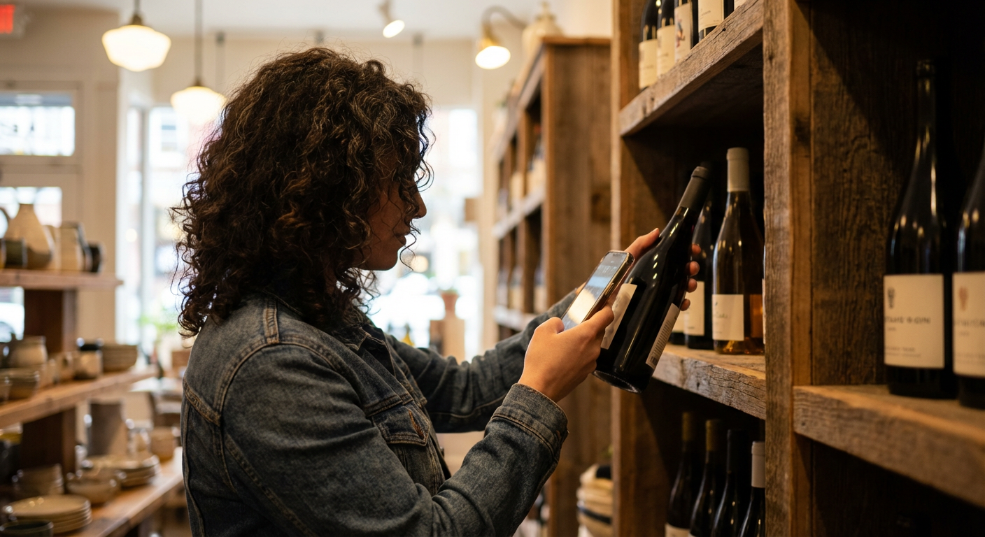 Customer in a boutique retail store holding their phone up to a wine bottle on a wooden shelf