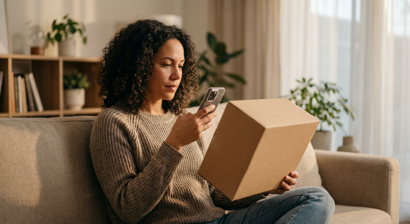 Customer sitting on a couch holding a plain product box with one hand while holding up a smartphone with the other in soft afternoon light