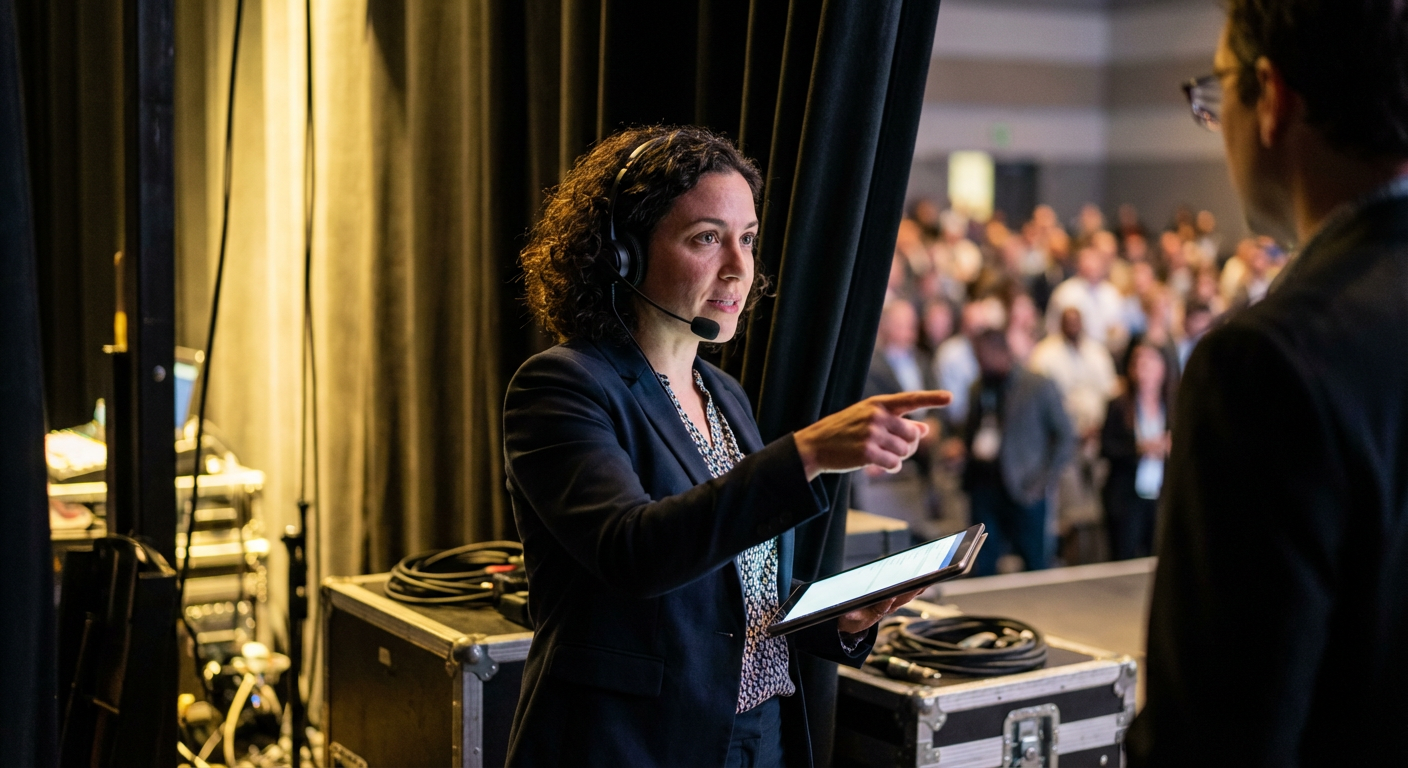 Event organizer standing backstage at a conference holding a tablet and speaking into a headset in warm venue lighting