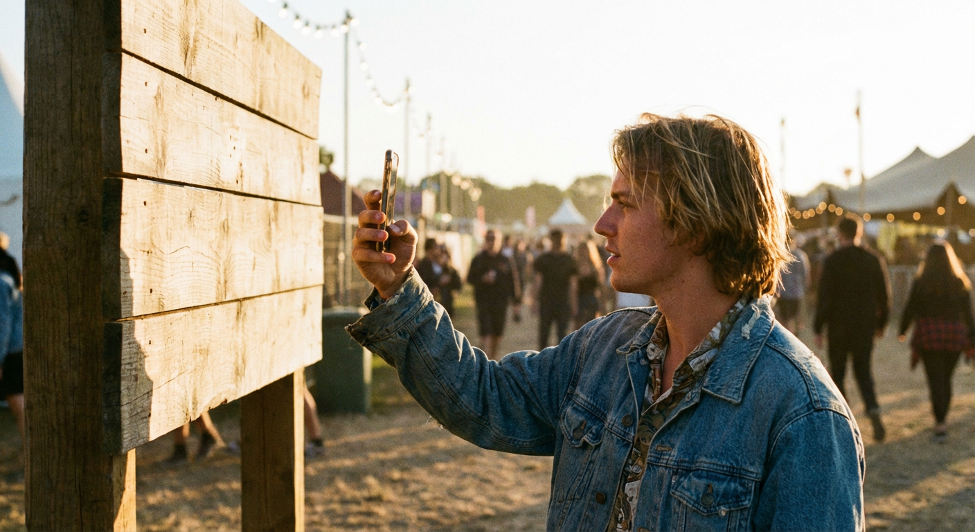 Group of festival attendees walking through an outdoor entrance gate at sunset with soft crowd silhouettes in the background