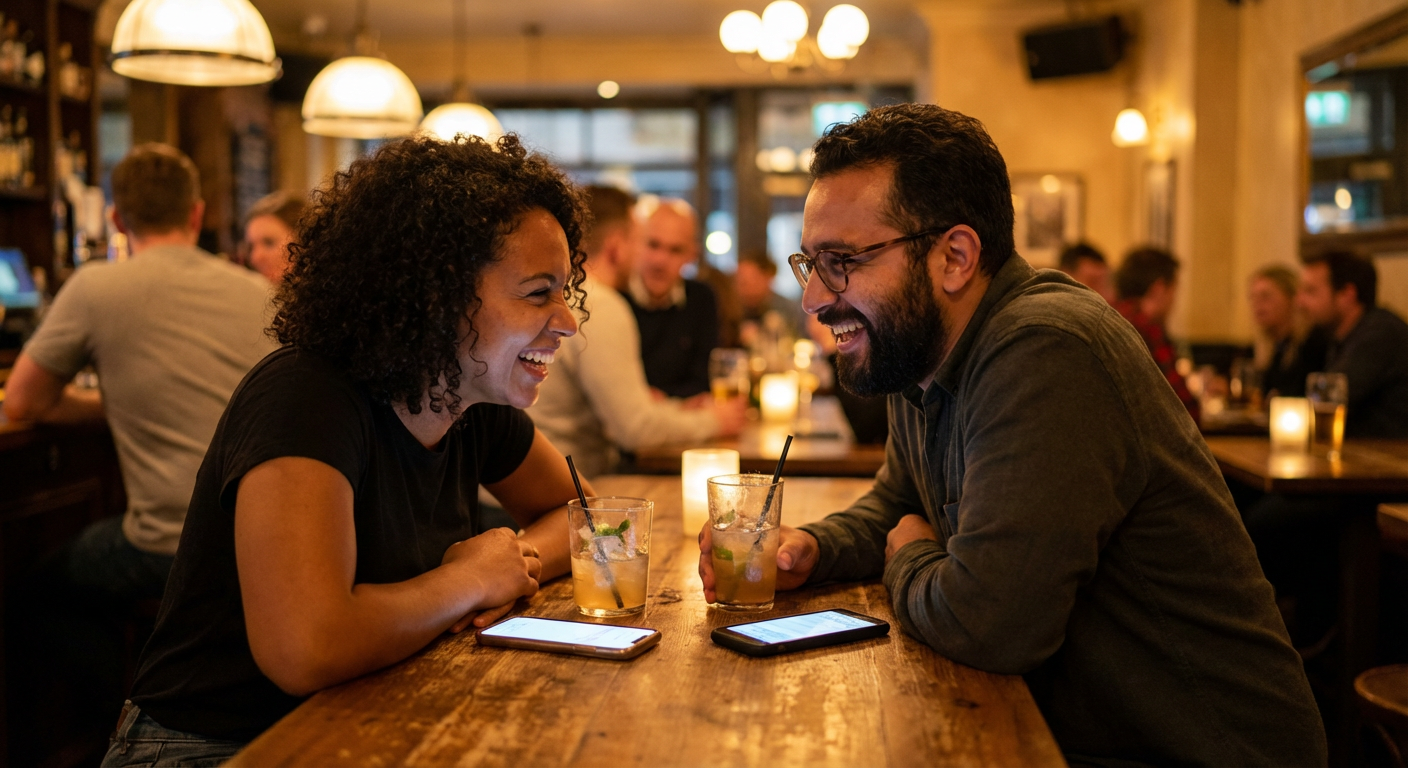 Two friends at a bar table laughing together with their phones resting beside their drinks in warm evening light