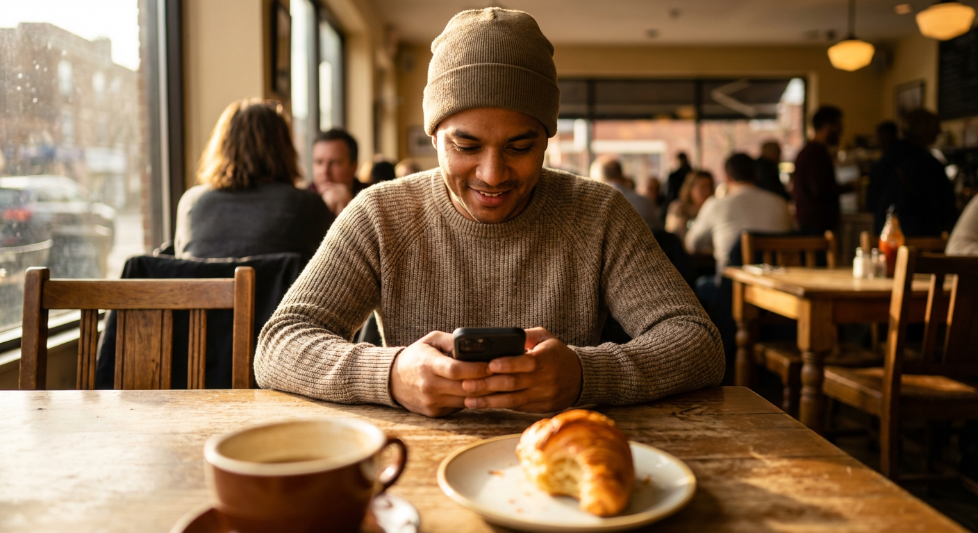 Restaurant guest sitting at a breakfast table reading a menu on their smartphone with morning light streaming across a wooden table