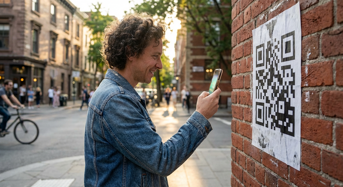 Person holding a smartphone close to a printed poster showing a QR code pattern in soft natural daylight