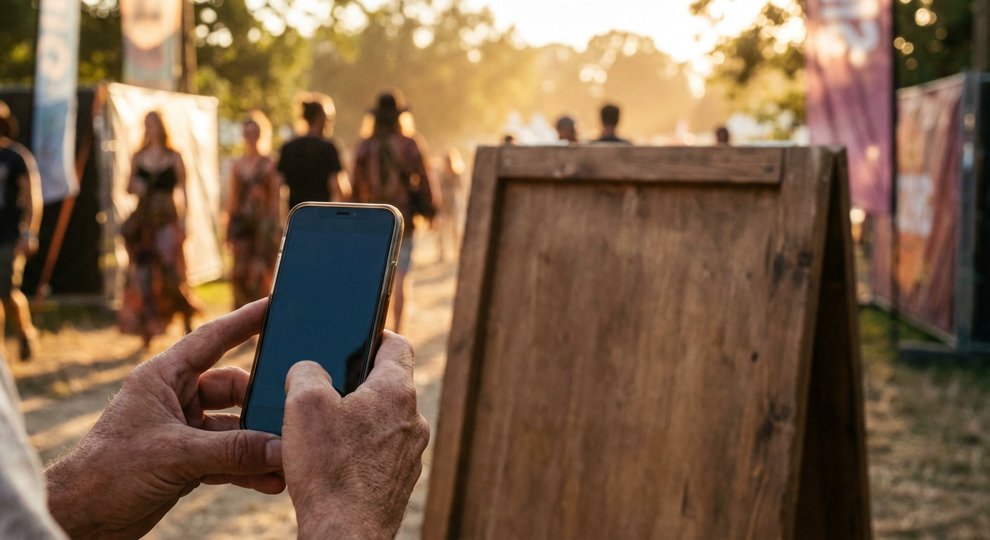 Hands holding a smartphone up to a freestanding sign at an outdoor festival entrance at golden hour