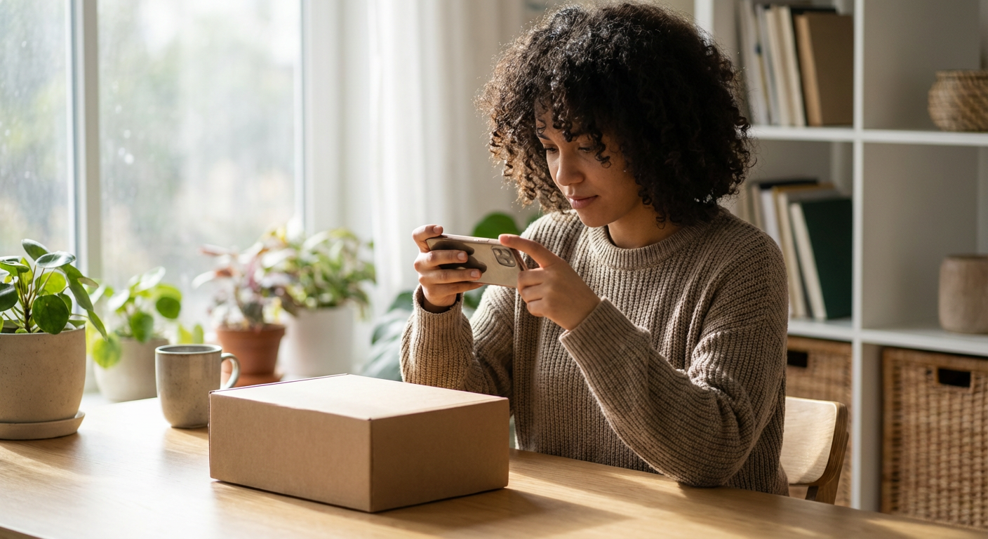 Content creator at a home desk holding their phone up to an early-access product box with soft natural light