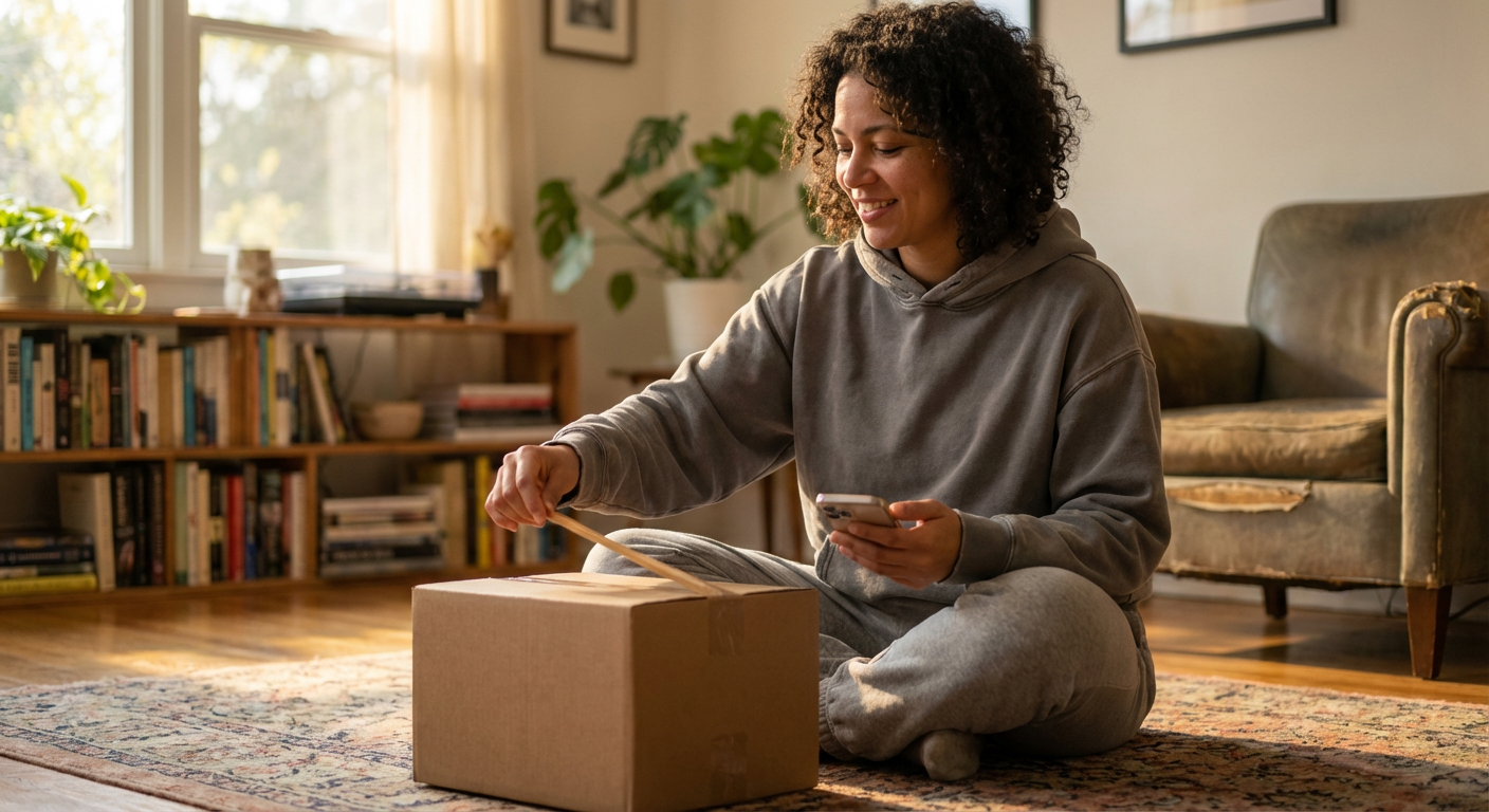 Person sitting on a living room floor unboxing a subscription box with a phone resting on their knee in warm afternoon light