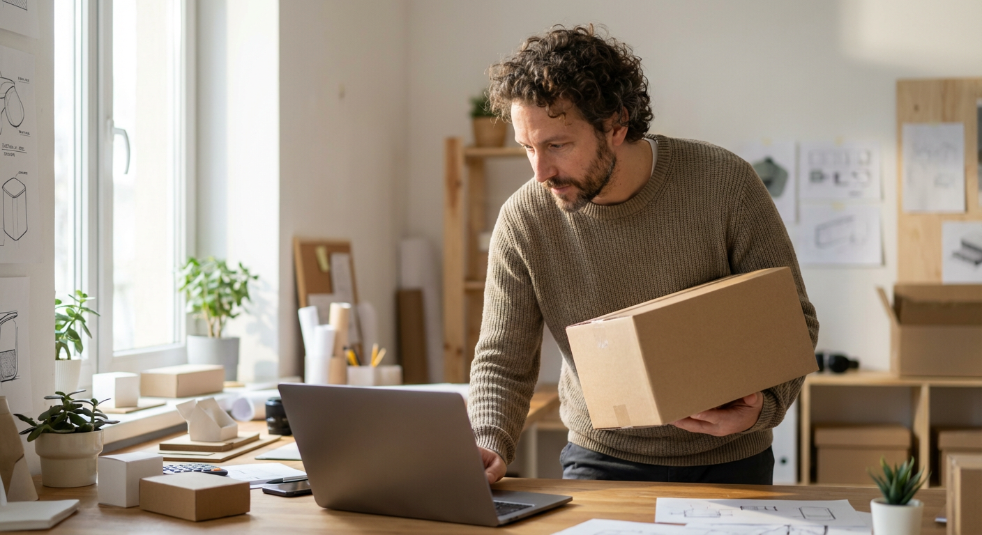 Product designer in a studio workspace holding an unreleased product box while looking at a laptop with soft window light