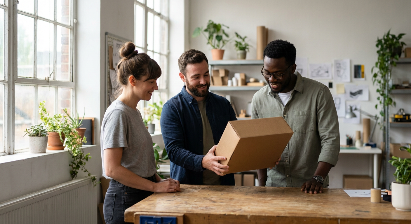Three product team members gathered around a wooden studio table examining a plain product box with soft natural window light