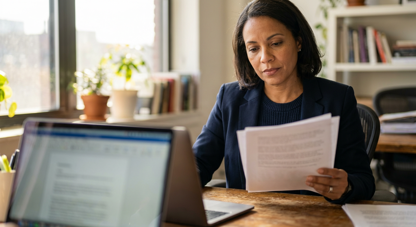 Professional in business attire reviewing a printed document on a wooden desk next to a laptop with warm morning light through the window