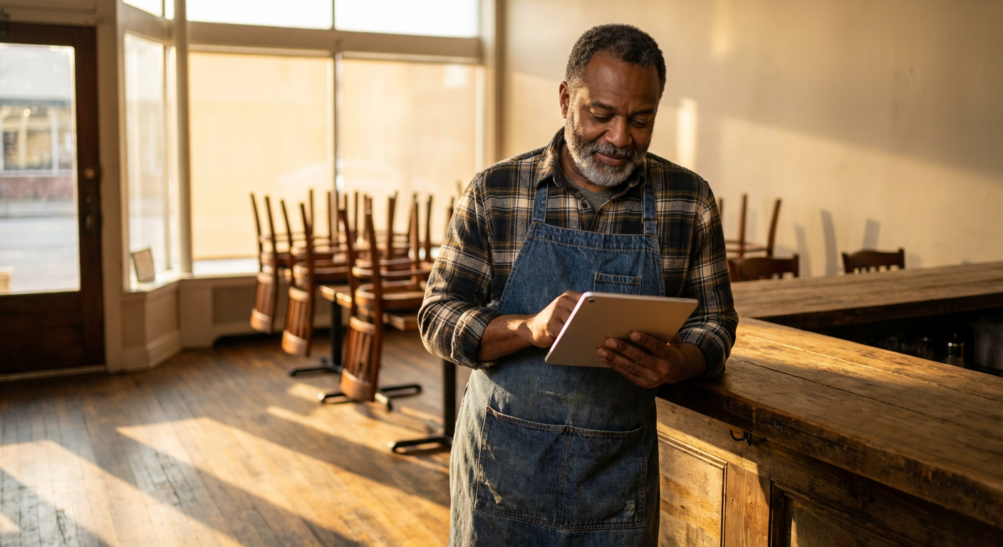 Restaurant owner in an apron standing behind a counter reviewing a tablet in warm morning light with empty dining room in the background