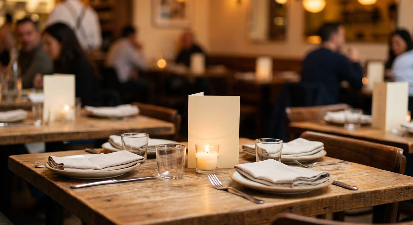 Restaurant table set for dinner service with a small freestanding table card standing upright beside a lit candle and two place settings