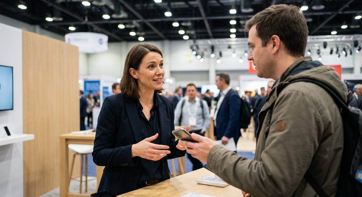 Trade show booth staff member talking to a visitor who is holding a phone near a display table