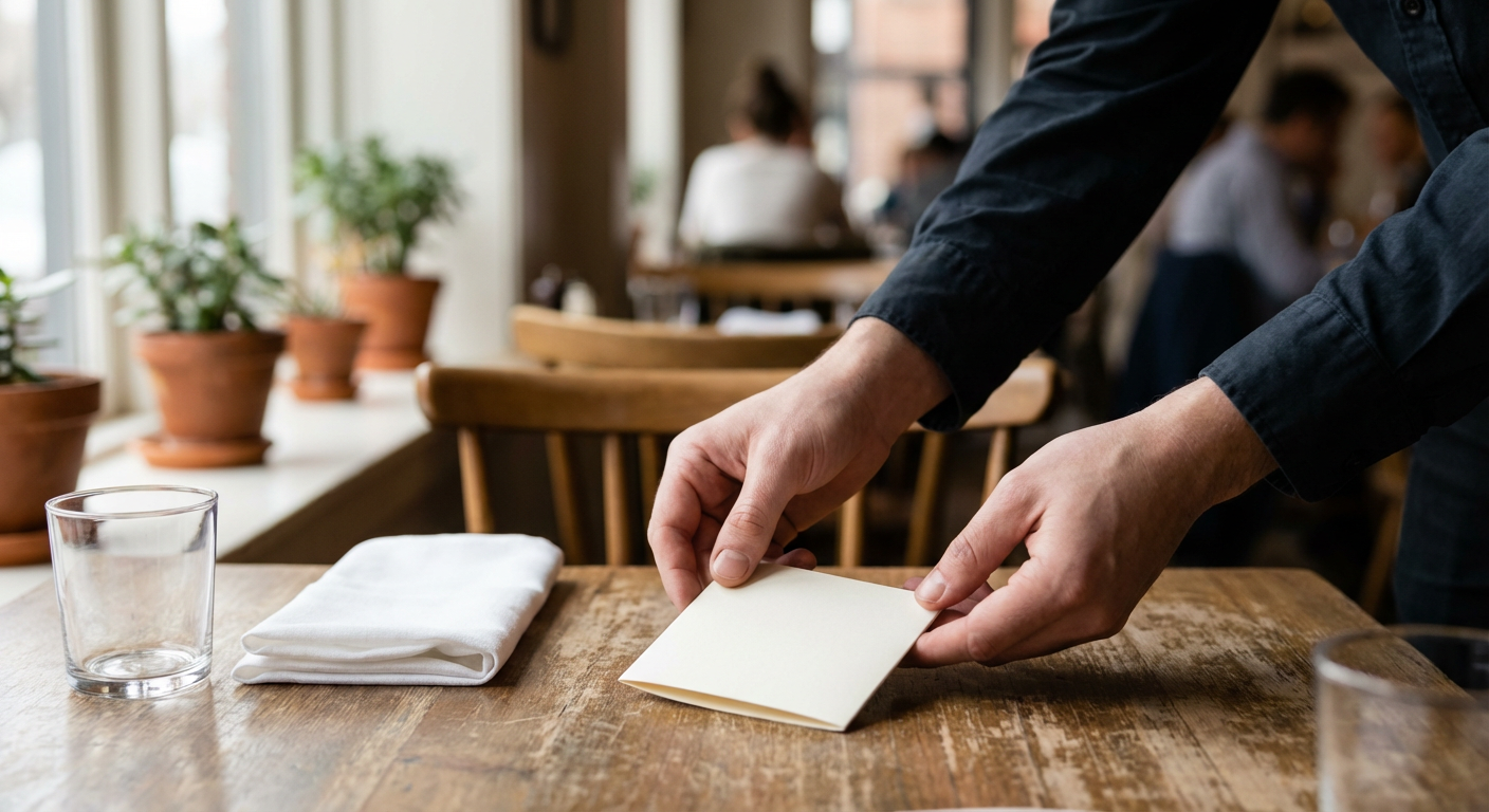 Restaurant server's hands placing a small card on a table set for lunch service with soft midday natural light