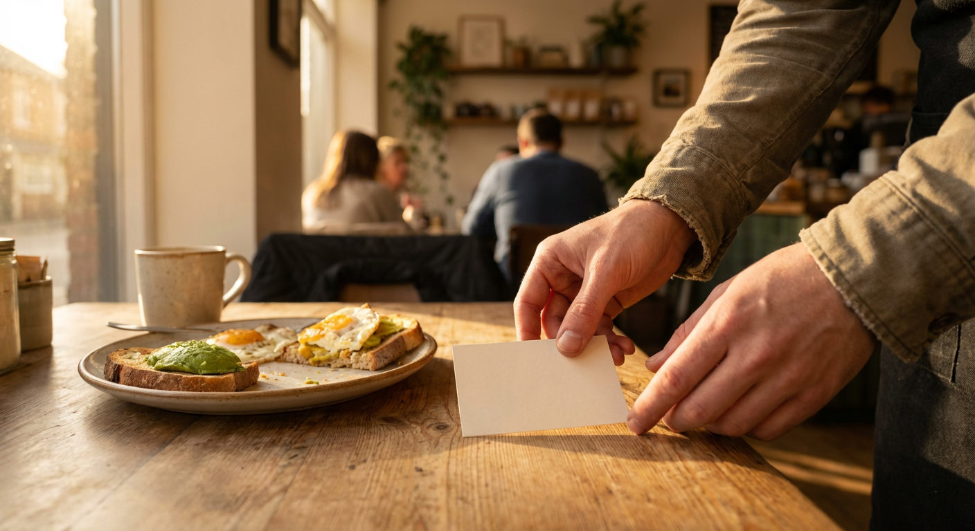 Server's hands setting a small menu card next to a breakfast plate on a sunlit restaurant table