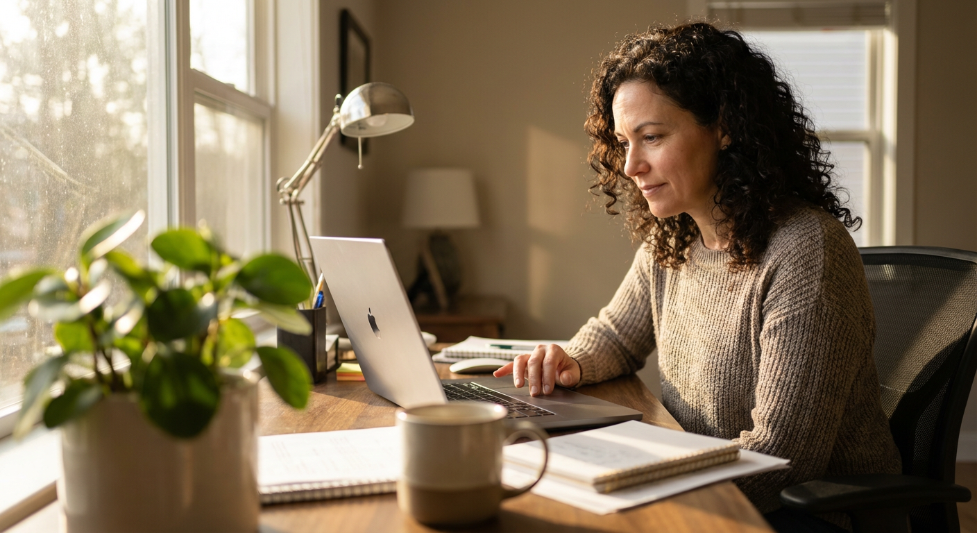 Small business owner sitting at a wooden desk updating a dashboard on a laptop with warm morning light