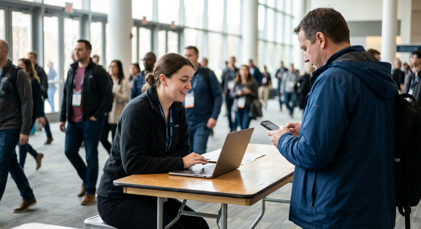 Event staff member in professional attire assisting a seated attendee at a small registration desk with a laptop