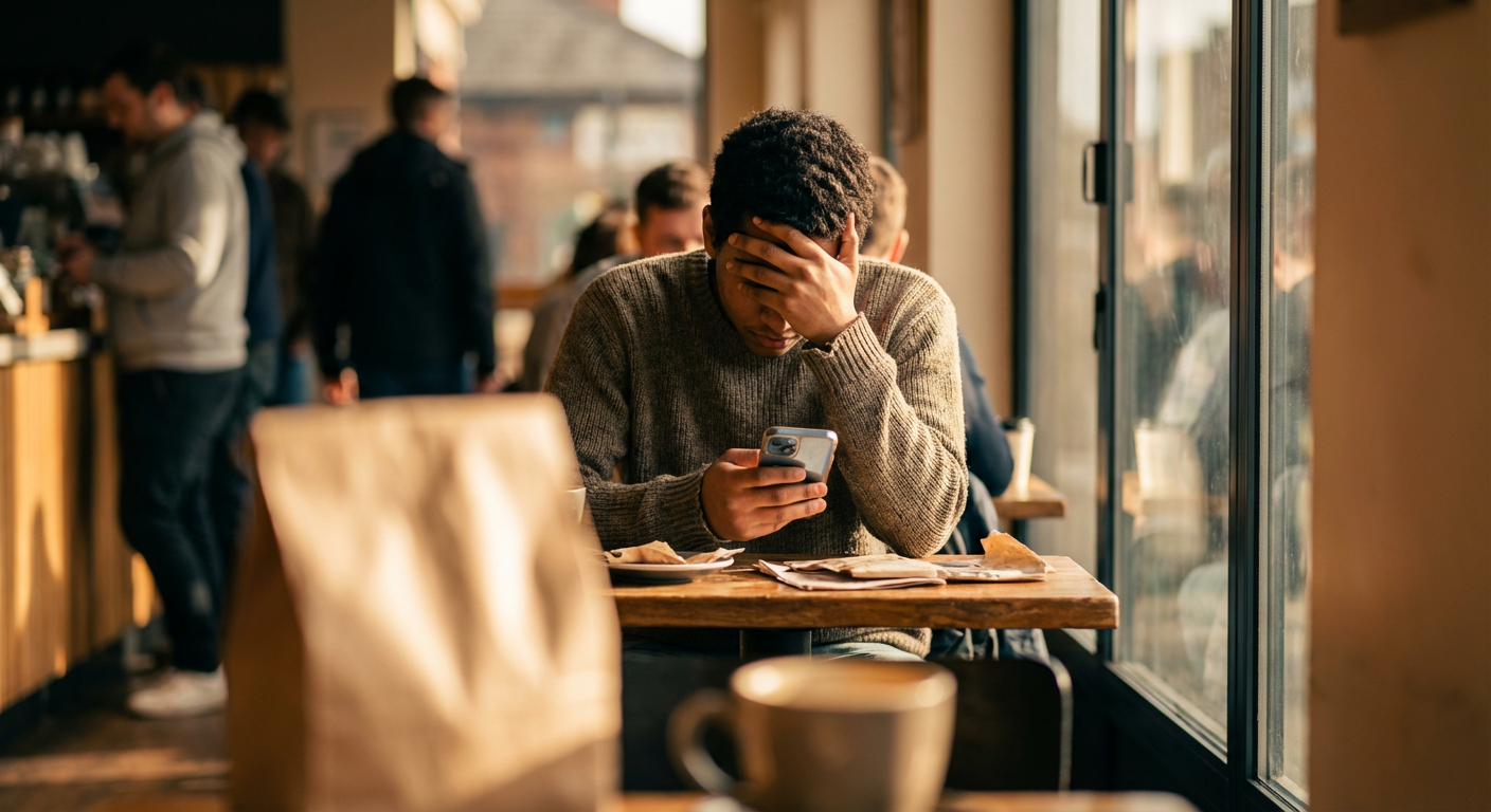 Student sitting at a cafe table reading a document on their smartphone with a printed packet beside a coffee cup in afternoon light