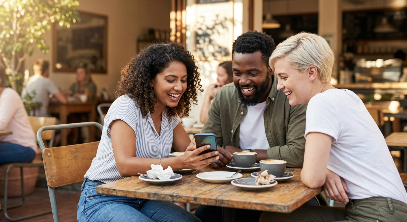 Diverse group of three friends at a cafe table reviewing a phone screen after scanning a QR code