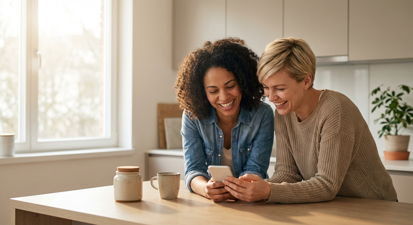 Two friends in a kitchen leaning in to look at one phone together with a product on the counter beside them