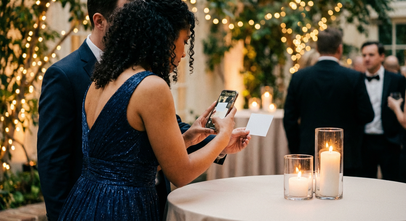 Wedding guest in formal attire holding up their phone near a small table card at a reception dinner
