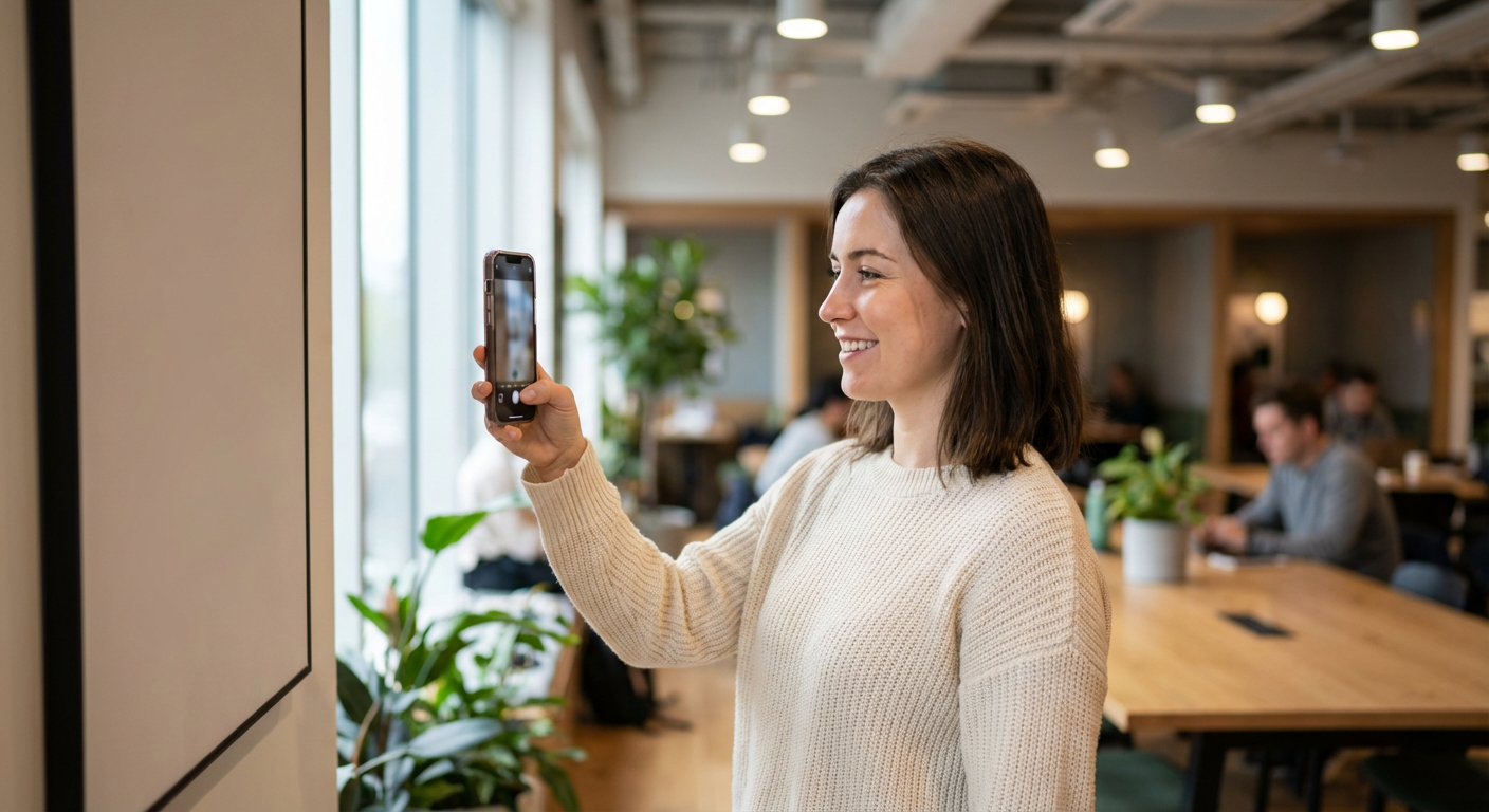 Young woman scanning a dynamic QR code poster with her smartphone in a sunlit co-working space